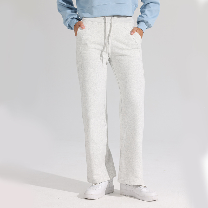 Autumn Winter Fleece Lined Sweatpants Mid-Waist Wide-Leg Casual Versatile Slimming Elastic Waist Straight-Leg Outdoor Warm Sports Pants