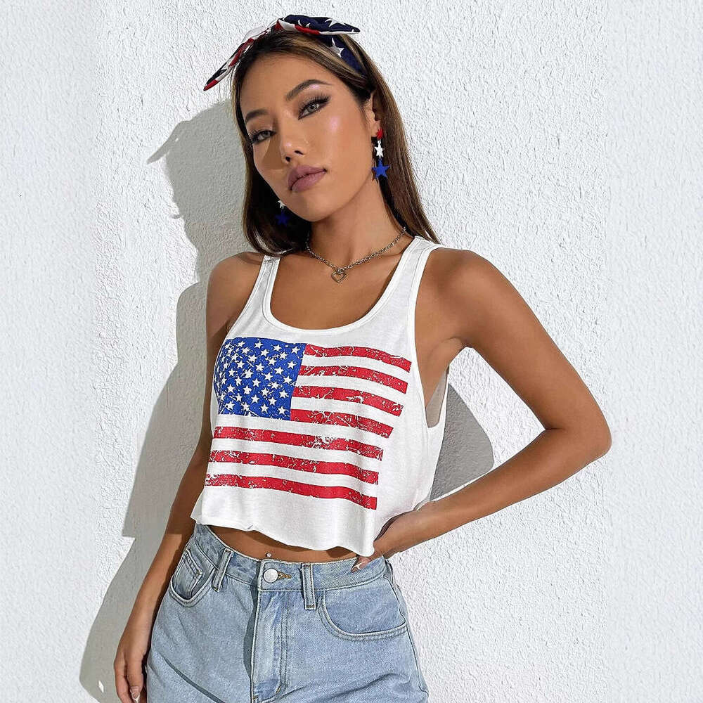 American Style Striped Star Flag USA Print Crew Neck Short Sleeve T-Shirt For Women Versatile Slim Fit Waist-Revealing Crop Top B5