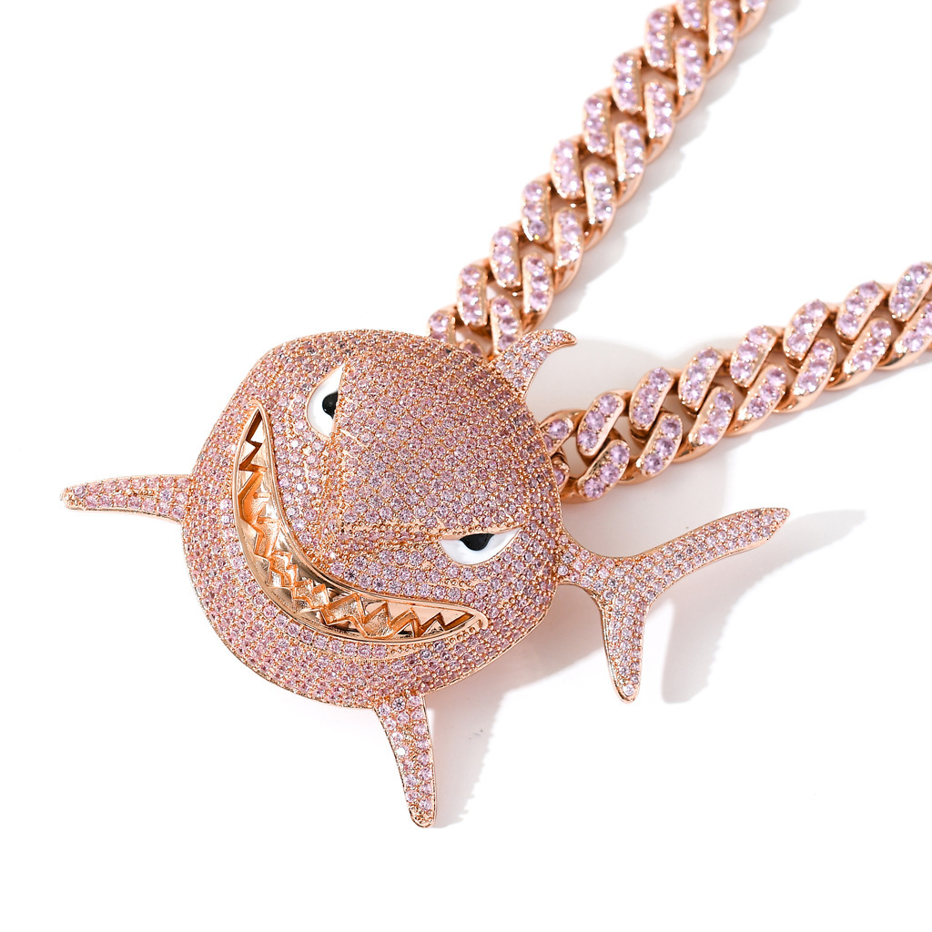 New Oversized Pink Shark Iced Out Bling Hip Hop Men's Moissanite Luxury Pendant Necklace Trendy Versatile Swag Pass the diamond tester
