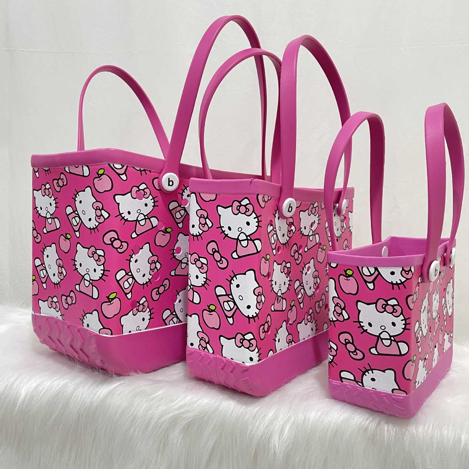 Sanrio Large Hello Kitty Eva Beach Tote Bag Fashion Storage Baskets Summer Rubber Tote Solid Color Jelly Beach Bags Sundries Organizer w250624