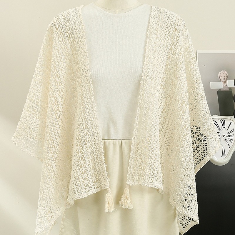 K1119 Hollow retro ethnic holiday style women's knitted tassel cardigan women's thin spring and autumn small shawl outer lace shawl