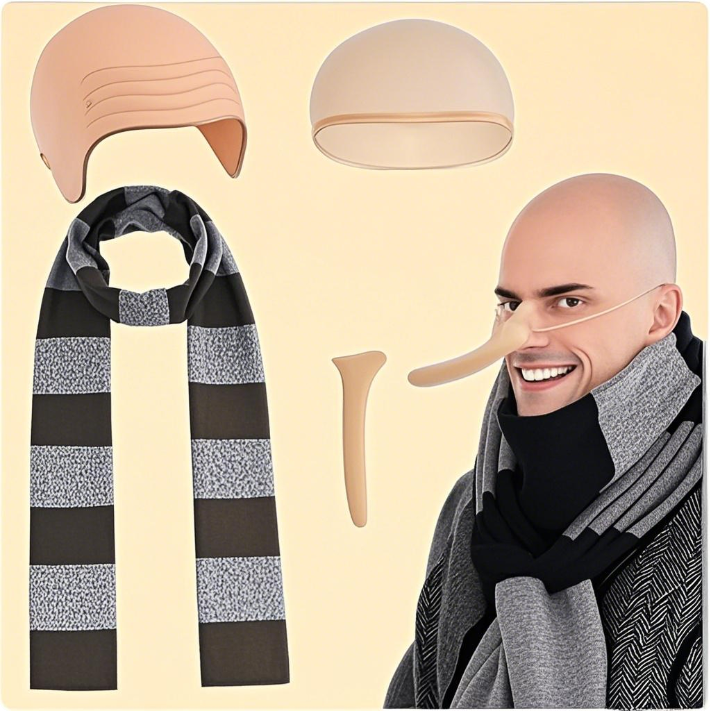 Scalp Long Nose Black Striped Scarf with Hairnet 4-Piece Set for Celebrating Halloween, Christmas, Holiday Shows, Role Play Parties, Little Yellow Man