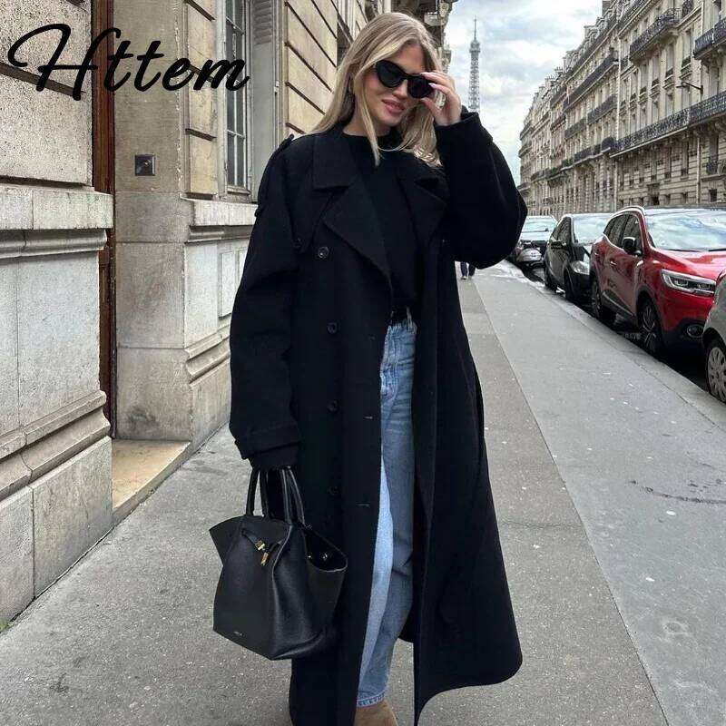 Elegant Wool Blends Long Coats Women With Belt Lapel Double Breasted Full Sleeve Coat Female 2025 Autumn Lady Outwears