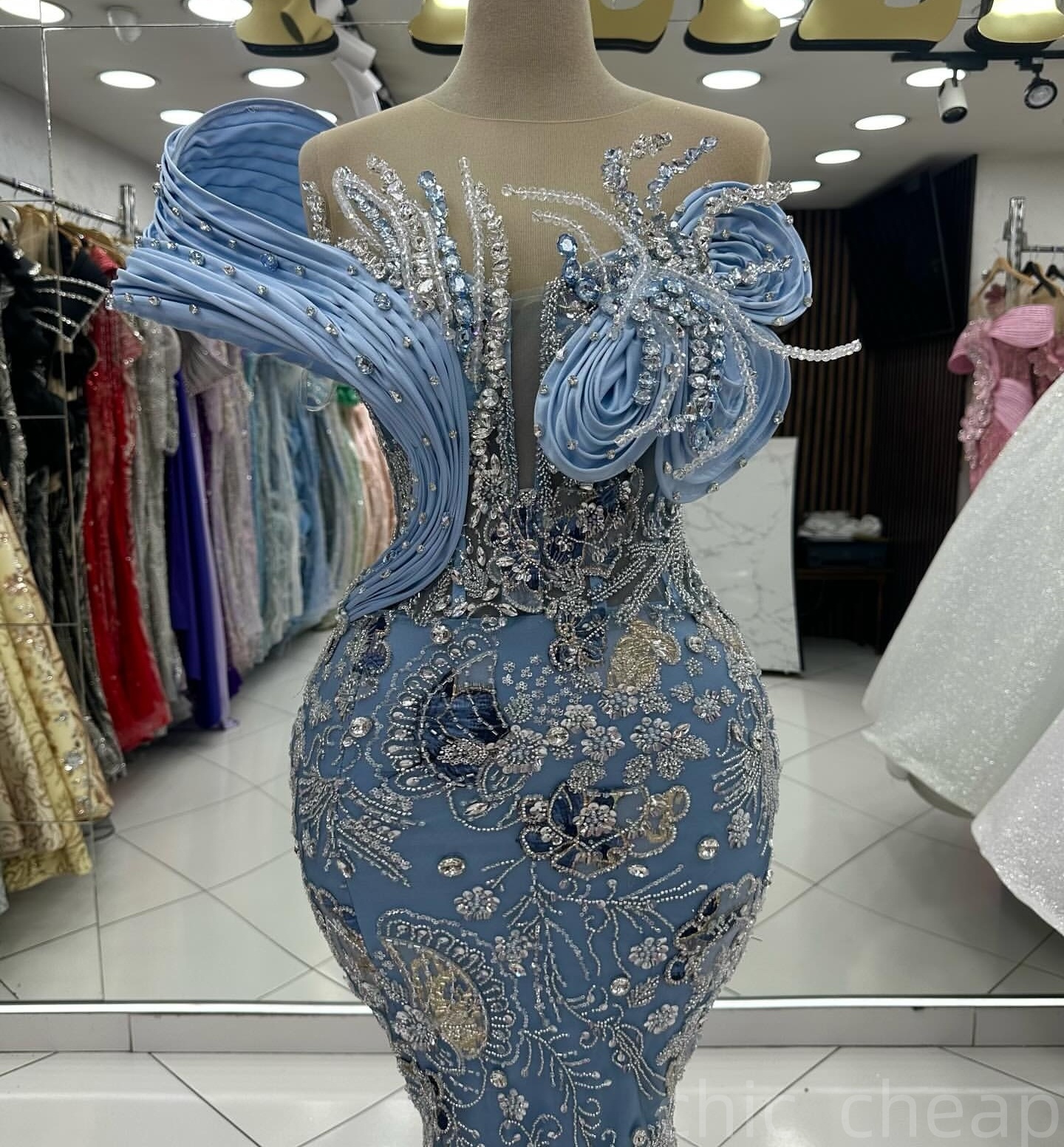 Sky Blue Mermaid Prom Dresses 2025 Rhinestones Floral Sequined Lace Evening Formal Party Second Birthday Engagement Gowns Plus Size Dress For Special 