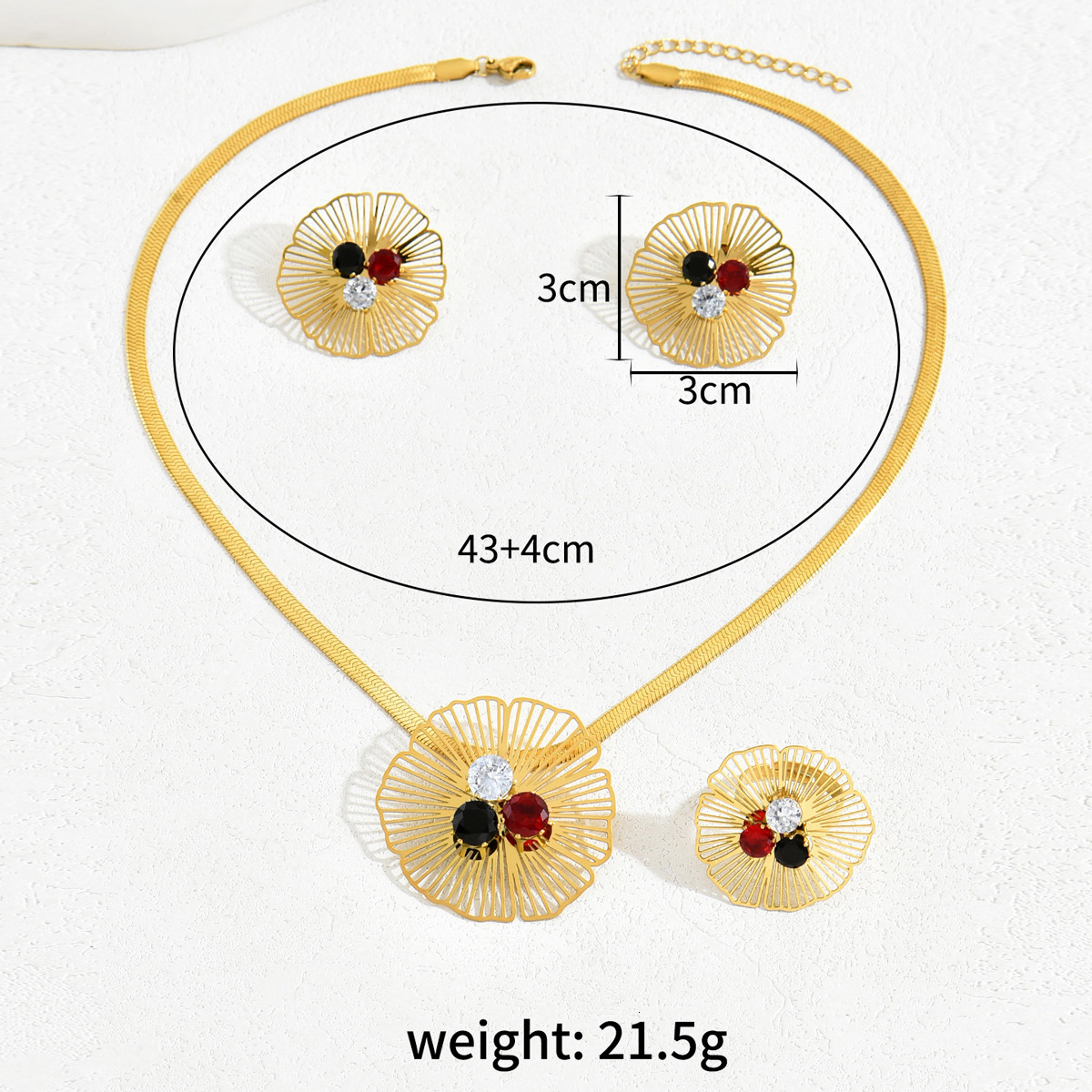 Light Style Earrings Jewelry Set Personality Zircon Flower Design Ring Long Necklace
