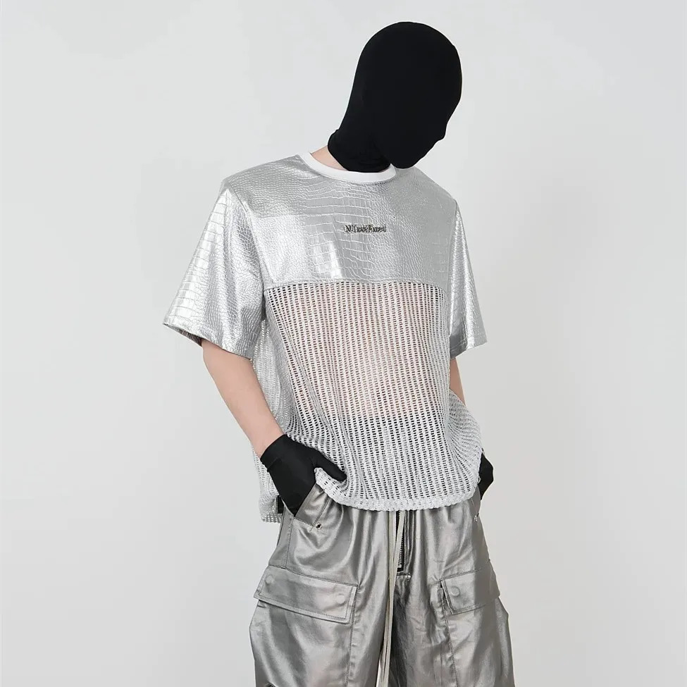 2025 Summer PU Leather Hollow Out Mesh Patchwork Techwear Short Sleeve T Shirt Men Hip Hop Punk Rock Tops Streetwear 250617