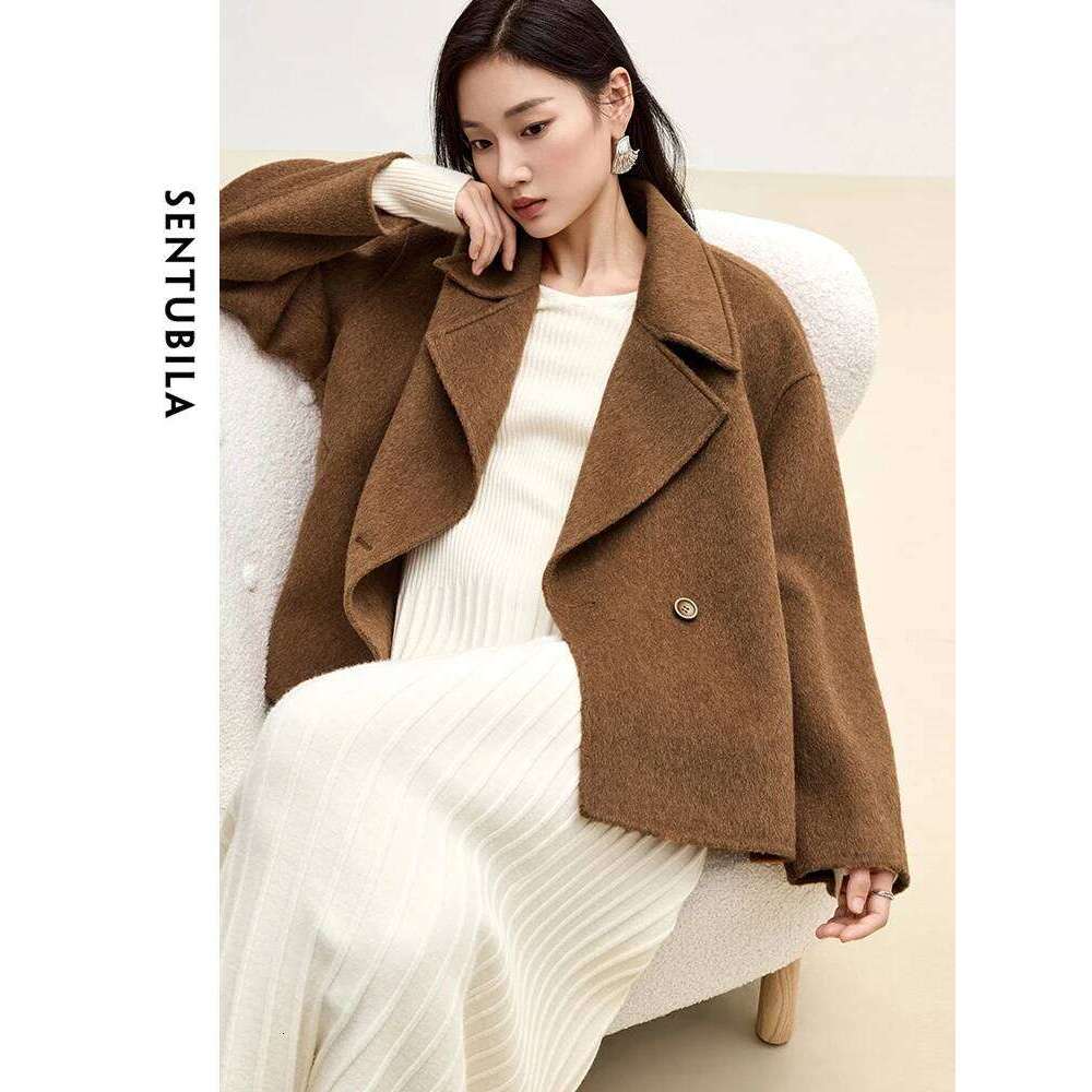 SENTUBILA Winter Short Woolen Jackets Women Outerwear 2024 Fashion Notched Collar Double Breasted Loose Coats Female W44o56123