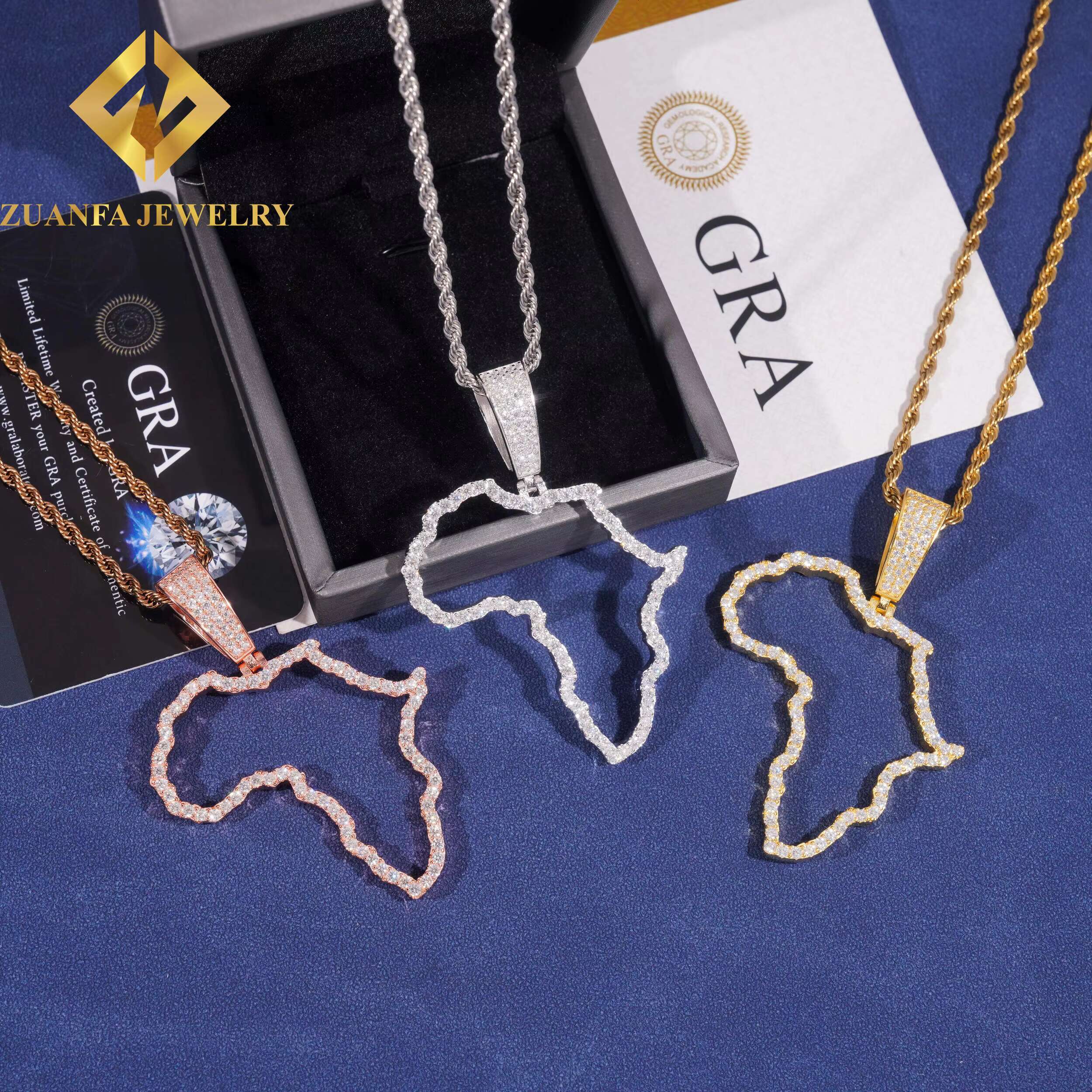 New Trend Fashion Custom Map Pendants 925 Sterling Silver Jewelry Hip Hop Moissanite Diamond Africa Map Pendants Hollow Design