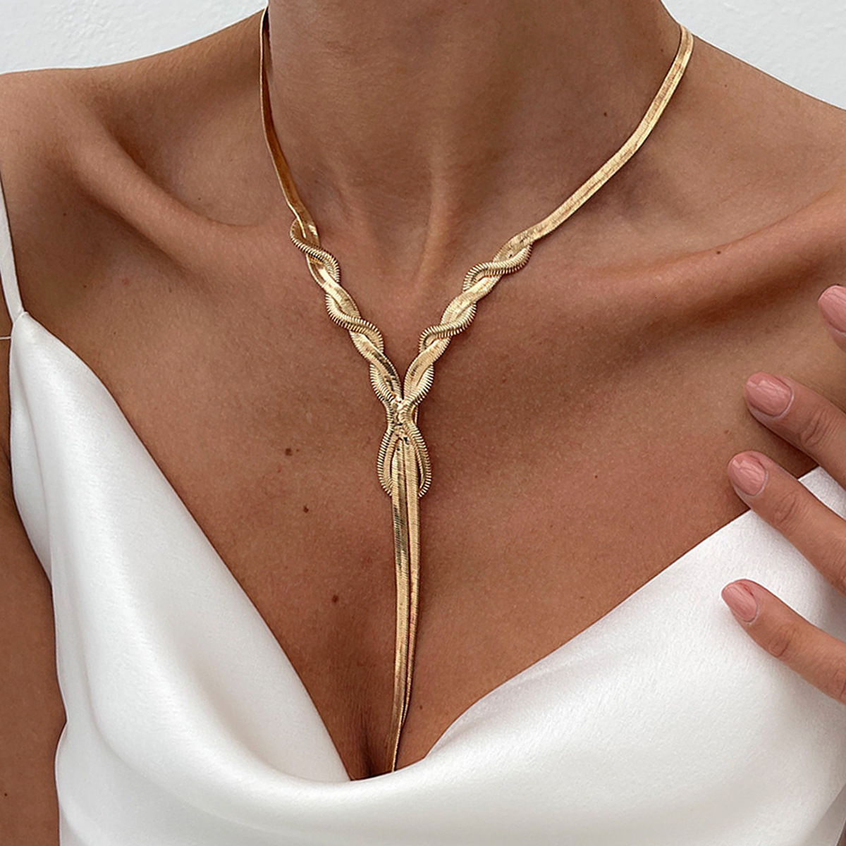 Minimalist Long Flat Snake Chain Cold Style Knotted Double Ring Geometric Irregular Necklace