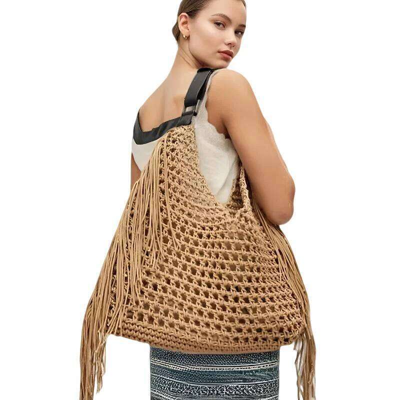 Bags Bohemian Beach Tote Bag For Women - Waterproof Nylon Crossbody Purse With Hollow Tassels, Boho Embroidery & Inner Pockets