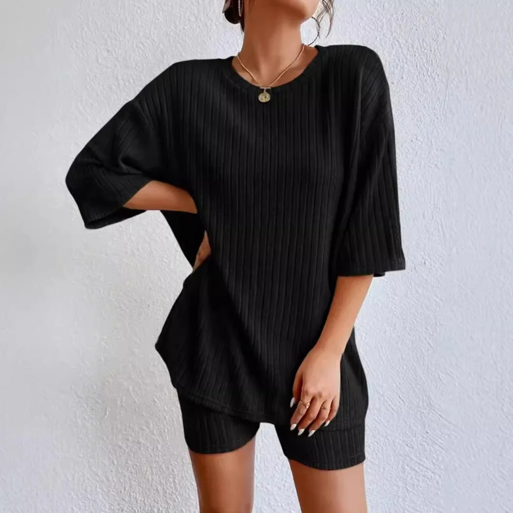 Fashionable Knitted Loose Casual round Neck Summer Short Pants Top Set Womens Clothing Comfortable Breathable Solid Color 250614