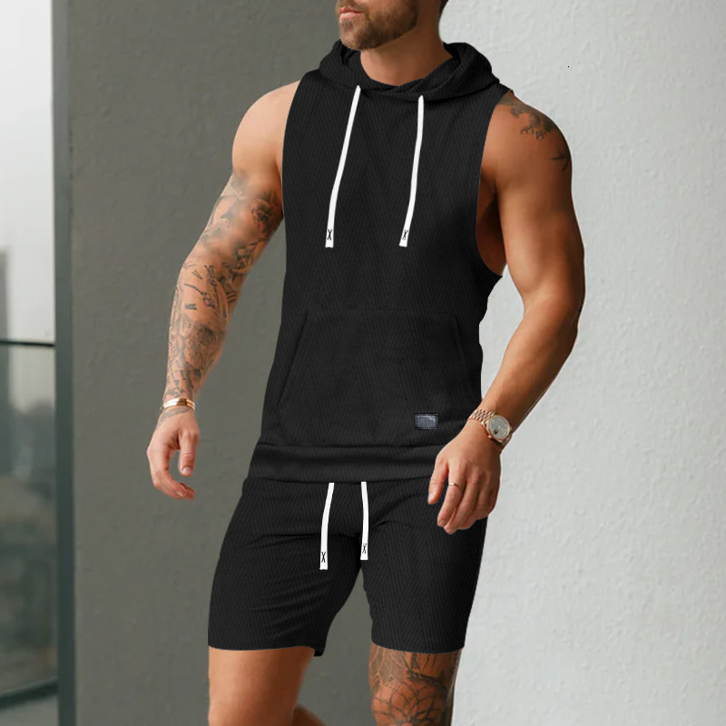 Designer men's sporty sleeveless solid color jacquard knitted hooded sleeveless European and American casual vest and shorts set