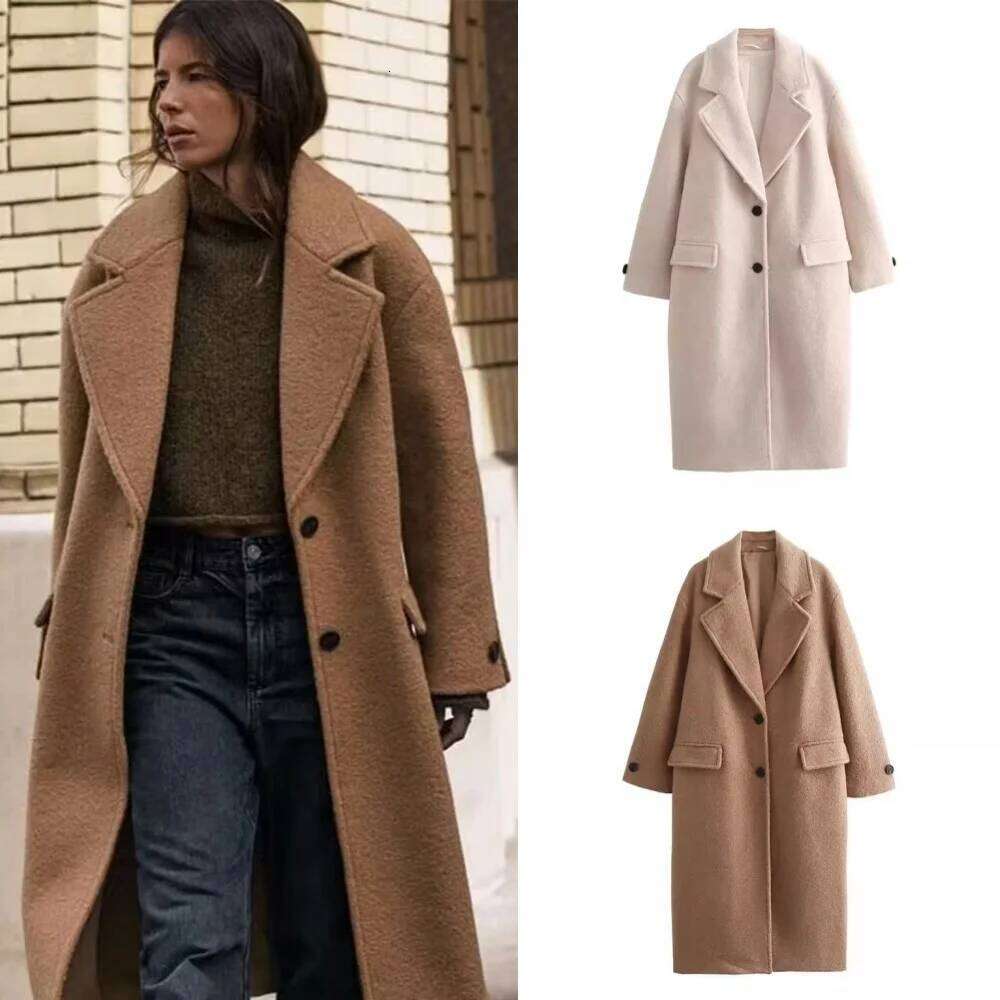 Woolen 2024 Autumn Winter New Fashion Notched Single Breasted Female Overcoat Long Sleeve Casual Lady Trench Coat