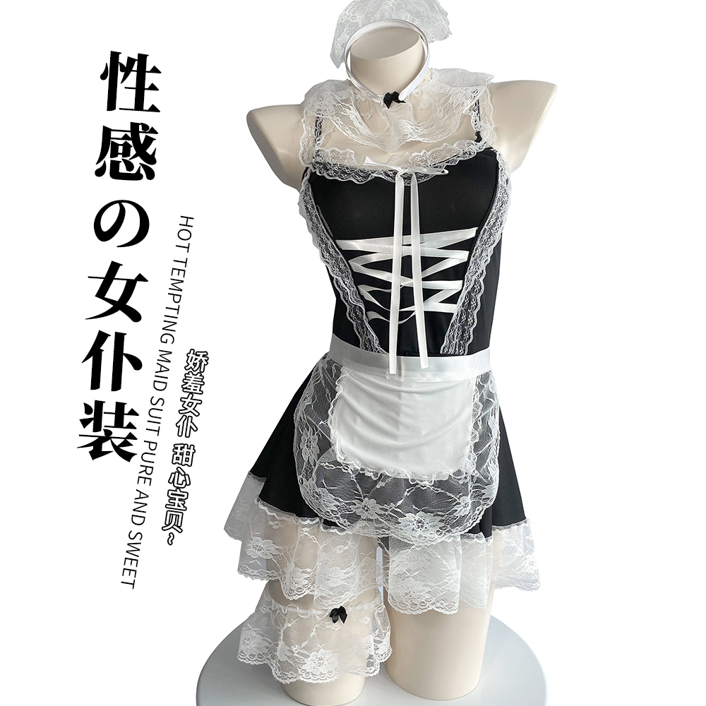Sexy maid outfit lingerie - maid uniform cosplay lace deep V hollow out set 8003