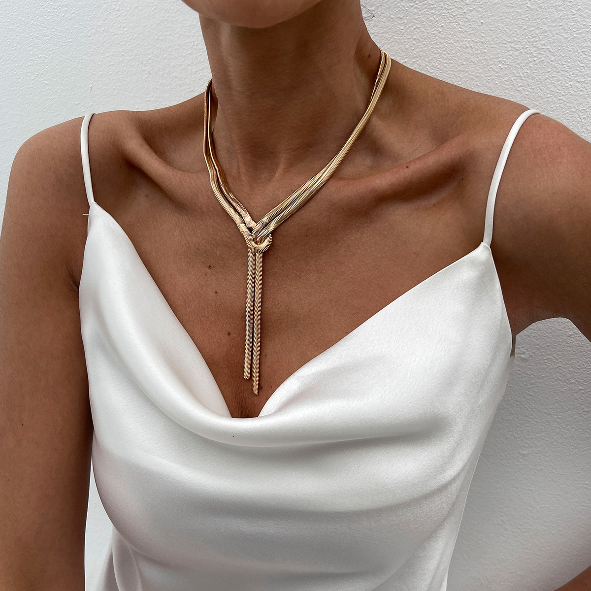 Minimalist Long Flat Snake Chain Cold Style Knotted Double Ring Geometric Irregular Necklace