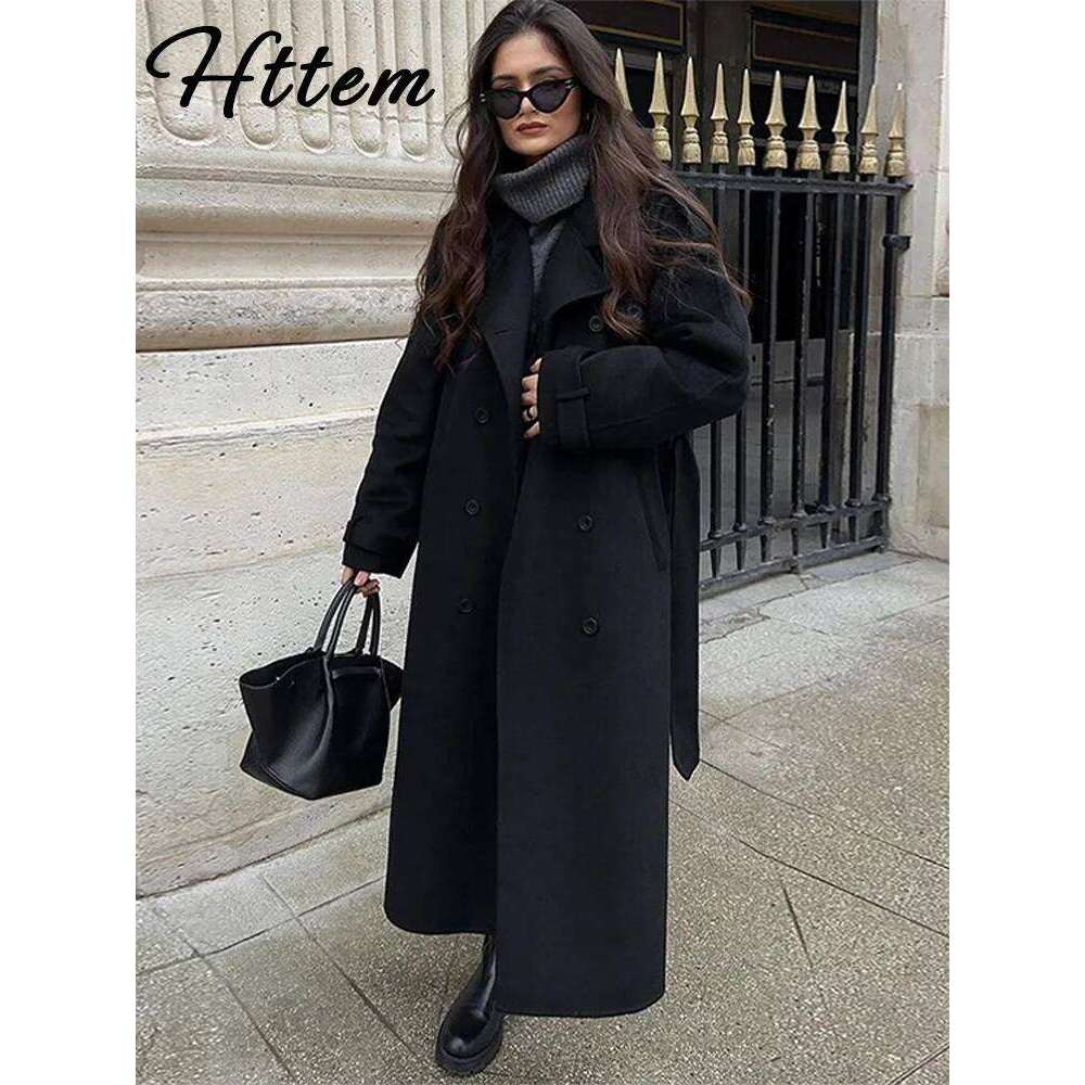 Elegant Wool Blends Long Coats Women With Belt Lapel Double Breasted Full Sleeve Coat Female 2025 Autumn Lady Outwears