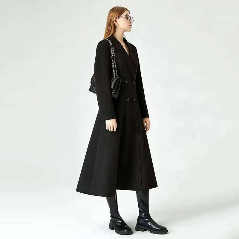 Black Faux Woolen Coats Women Winter Elegant Hepburn Style Suit Collar Long Jacket Fashion Waist Thicke Warm Blends Outwear