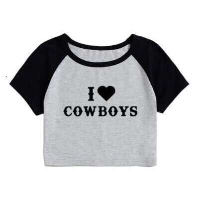 I LOVE Cowboys Print American Y2k Short Sleeve T-Shirt For Women Summer Spicy Girl Regular Shoulder Crop Top Slim Fit B5