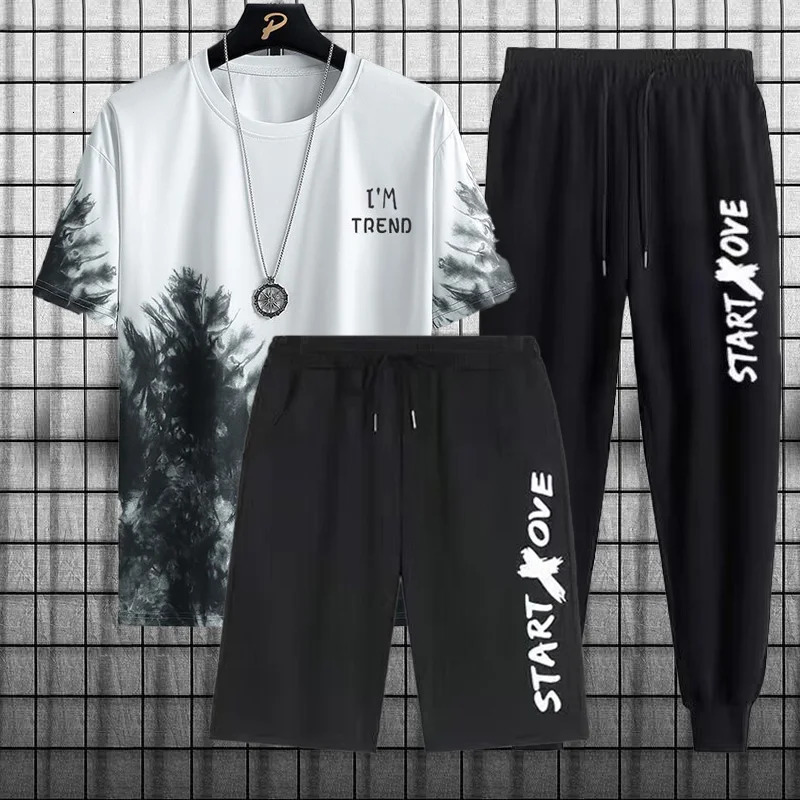 Summer Ice Silk Cool Three Piece Set Casual Sports Mens Set Pattern Style 250617