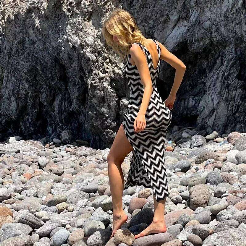 Women Striped Knit Swimsuit Bikini Cover up, Beach Cover-up, Sexy Deep V Backless Long Dress, Crochet Swimwear Sarong Female