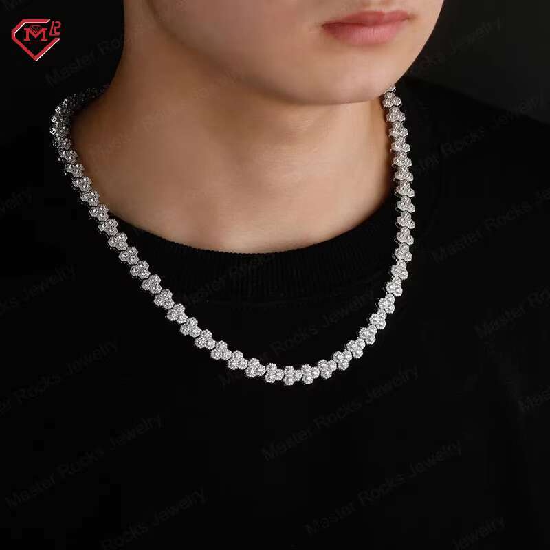 HipHop 10mm Moissanite Chain Luxury Cluster Flower Honeycomb 925 Silver Iced Out Vvs Moissanite Tennis Chain