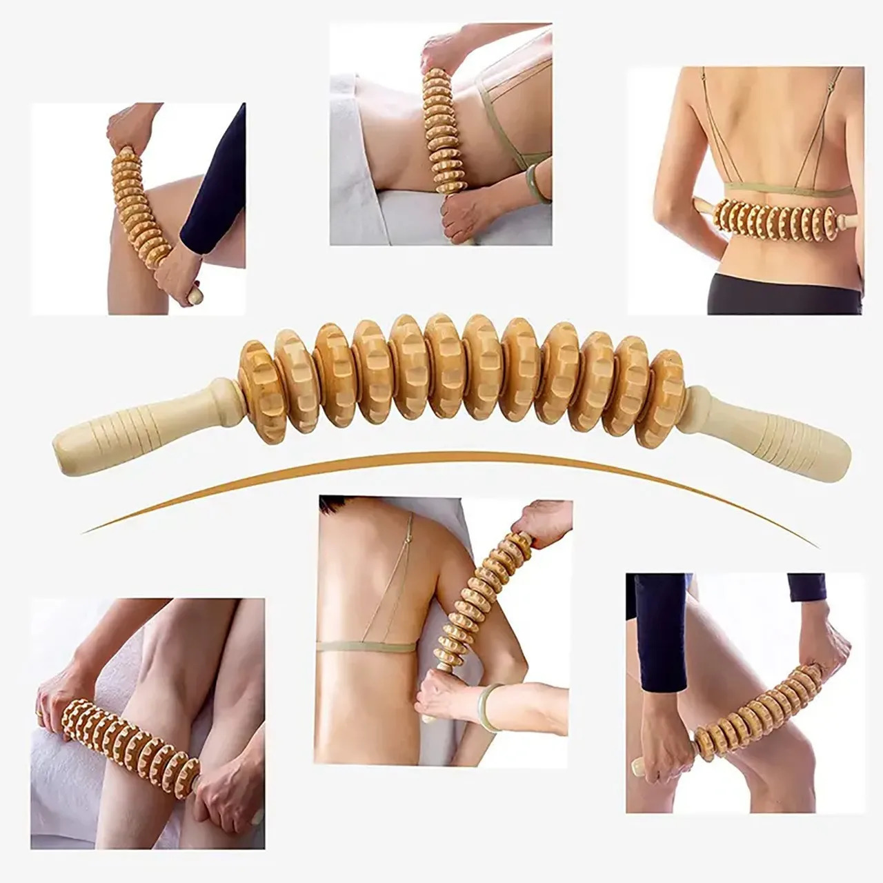 Body Fascia Massager Antislip Handle Wood Grooved Gear Arms Legs Thighs Buttocks Smooth Roller Massager for Back Relaxation 250619