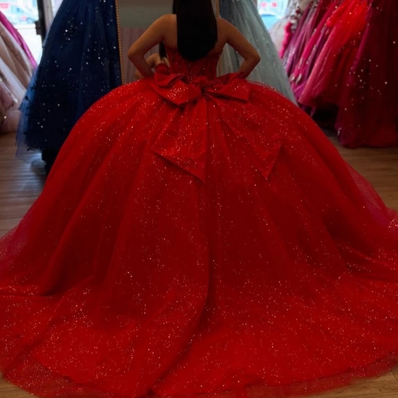Red Shiny Princess Quinceanera Dresses Ball Gown Beading Crystal Bow Tull Corset Sweet 16 Dress Vestidos De 15 Anos