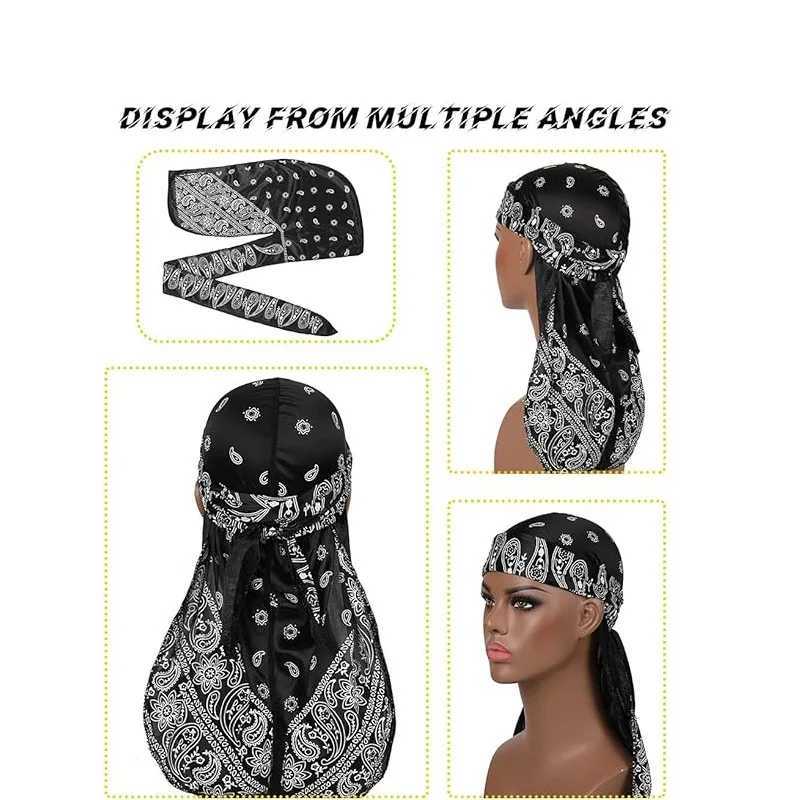 New Arrival New Men Satin Paisley Printed Durag Turban Bandanas Headwear Silky DuRag Doo Rag Long Tail Pirate Hat Wave Caps Hair Accessories U250623