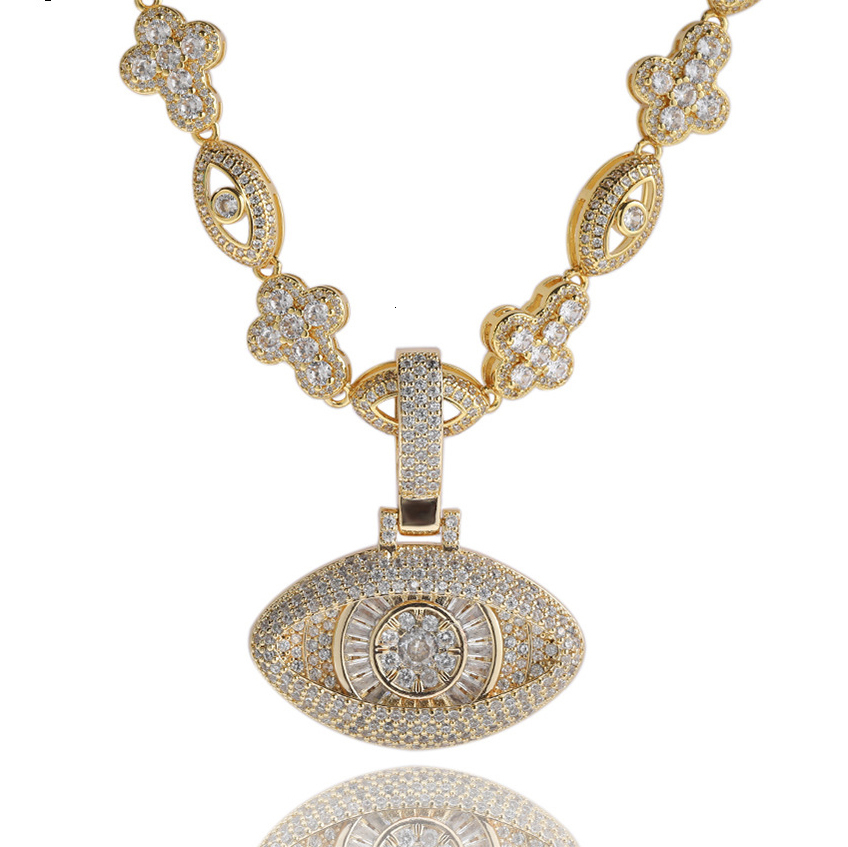 14K Gold Full Diamond Evil Eye Pendant Necklace For And Women Cool Copper Inlaid Cubic Zirconia Unisex Collar Aesthetic Hip Hop CZ Sones Rapper Jewelr
