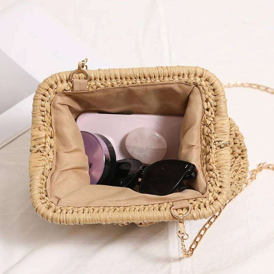 Straw Braided New Pleated Solid Color Straw Knit Clip Holiday Beach Chains Shoulder Crossbody Bag Female Purse Handbags