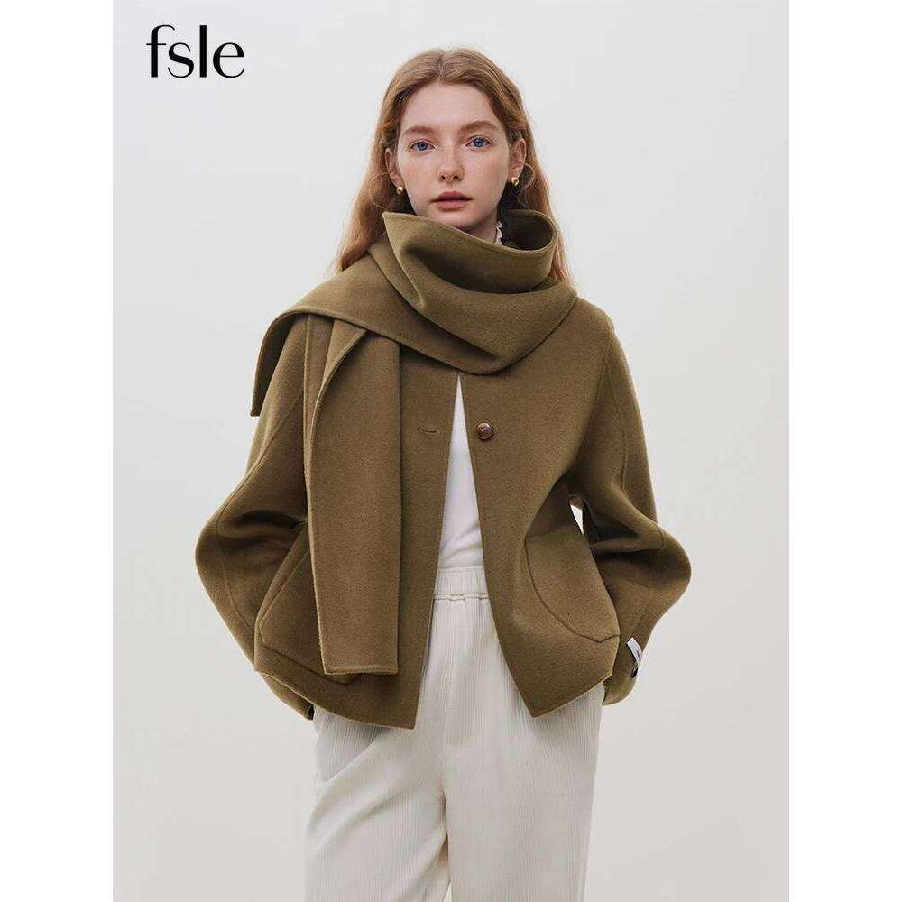 FSLE 100% Camel Color Scarf Collar Coat For Women 89.3% Wool 10.7% Lyocell Beige Round Neck Short Female Woolen Coats