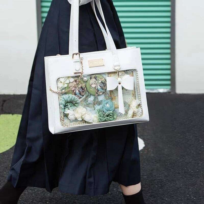 Lovely Japanese Lolita Girls Cute Tote HandBags Female Bowknot Chain Two Dimensional Shoulder Bags Transparent Window Itabags