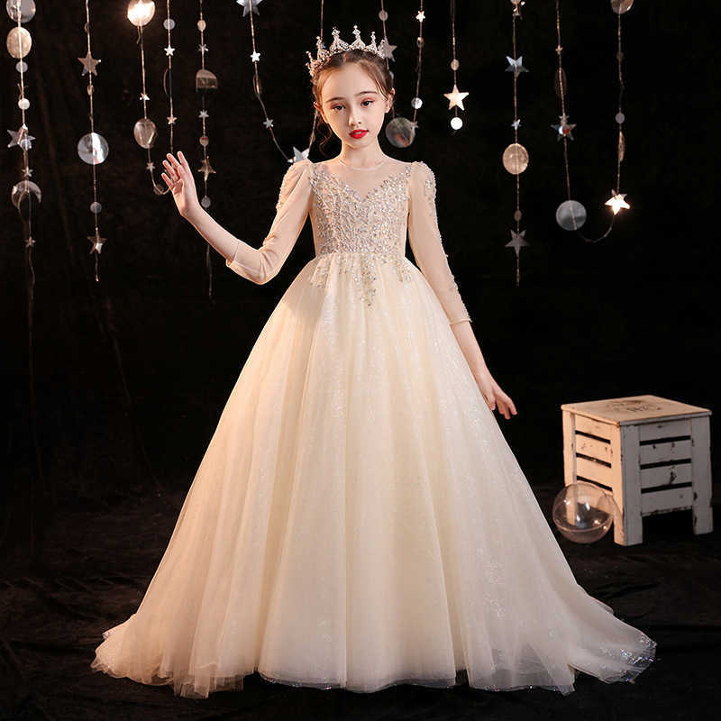 Children's trailing dress, flower girl princess dress, puffy tulle dress for girls, hostess dress for children's fashion show, trendy piano 