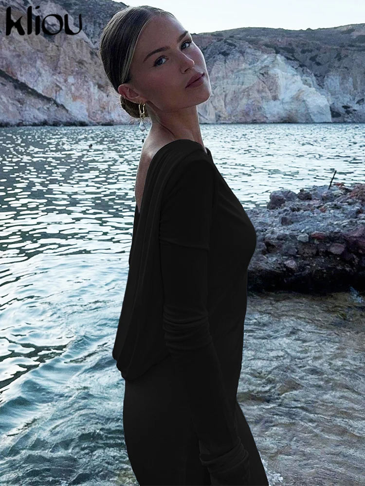 kliou Solid Elegant Women Maxi Dress Simple Fall Classic Trend Full Sleeve Swinging Backless Sheath Vestidos Mujer Evening Robe 250616