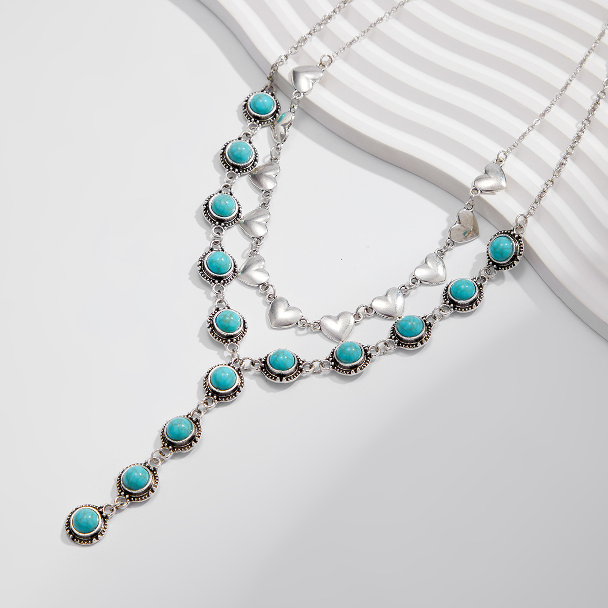 Accessories Ethnic Style Y-shaped Tassel Creative Vacation Heart-shaped Turquoise Pendant Necklace