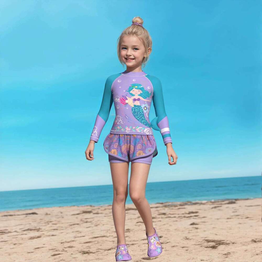 Girls Rash Guard Swimsuit Two Pieces Long Sleeve Mermaid Bathing Suit Pants Skirt Children's Beach Sport Swimwear