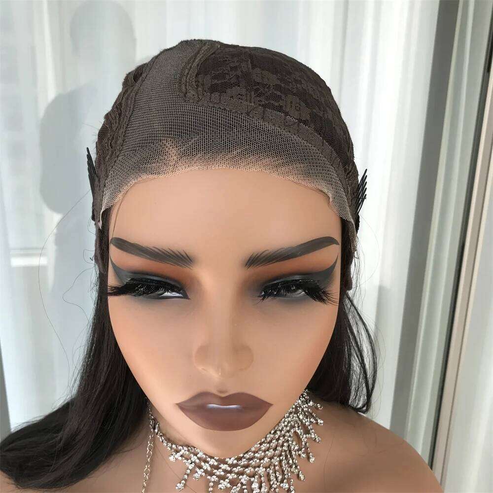 Layered Straight Wear and Go Glueless Wig Synthetic Lace Front Wigs for Women Side Part 18inch Natural Black Color Daily Use