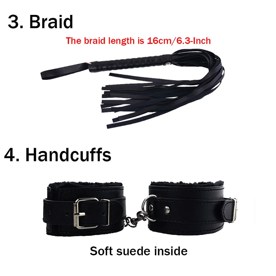 BDSM Bondage Restraint Kit 10 Pieces Leather Handcuffs Ankle Cuffs Collar Whip Ball Gag Blindfold Nipple Clamps Rope for Couples 250624