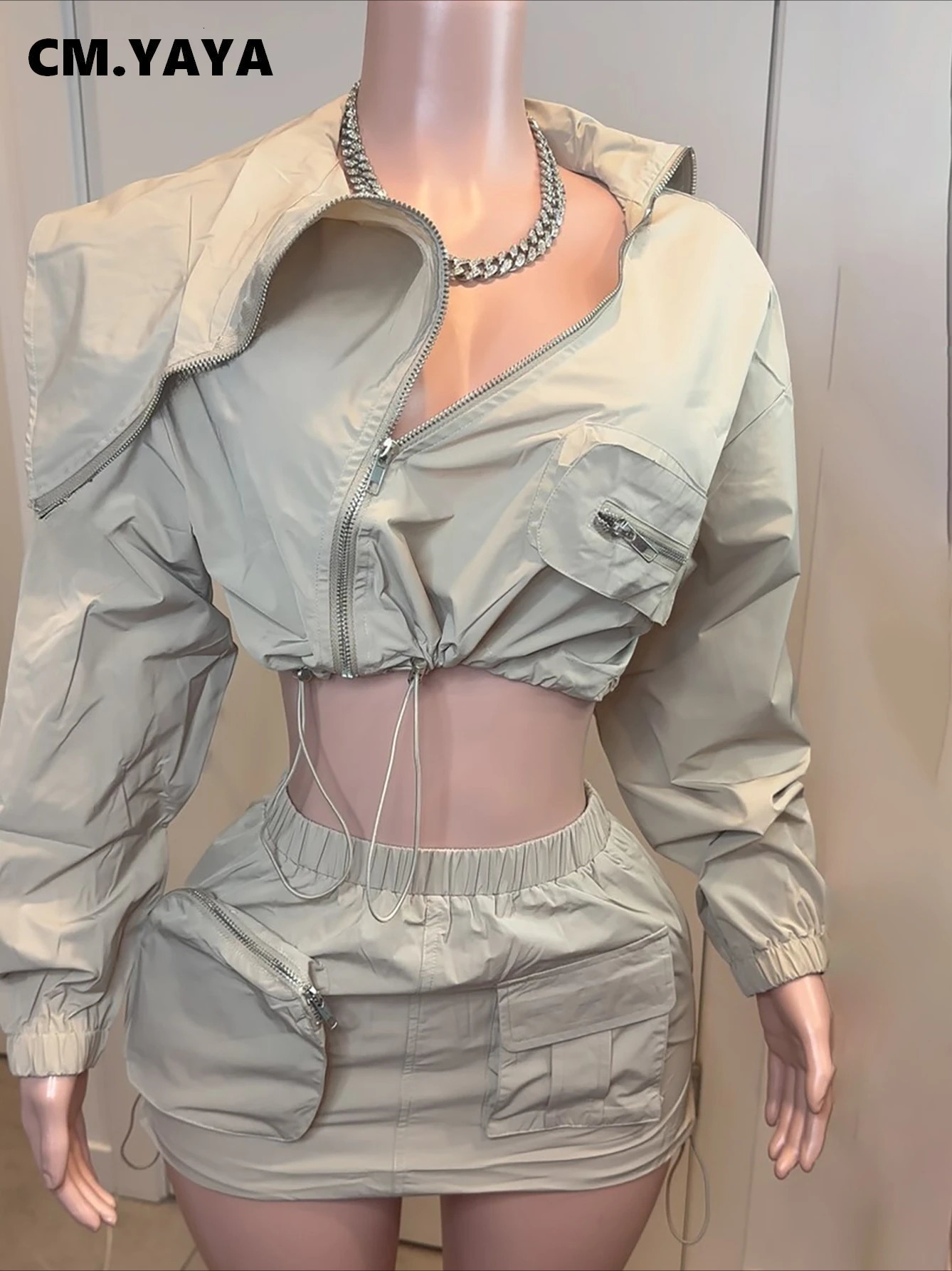 CMYAYA Fashion Safari Style Womens Set Long Sleeve Zipper Fly Tops and Cargo Midi Mini Skirts Suit 2025 Two 2Piece Sets Outfit 250614
