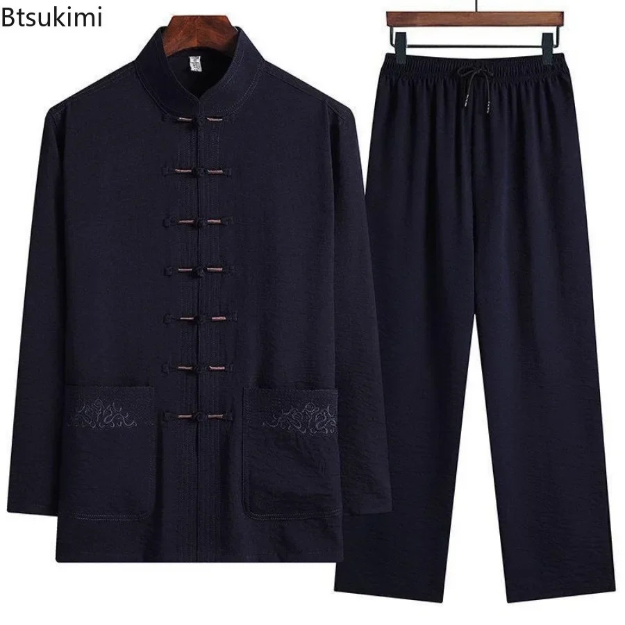 Traditional Chinese Style Men Ice Silk Two Pieces Spring Summer Thin Stand Collar Tops Pants Hanfu Tang Suit Man Embroidery Sets 250617