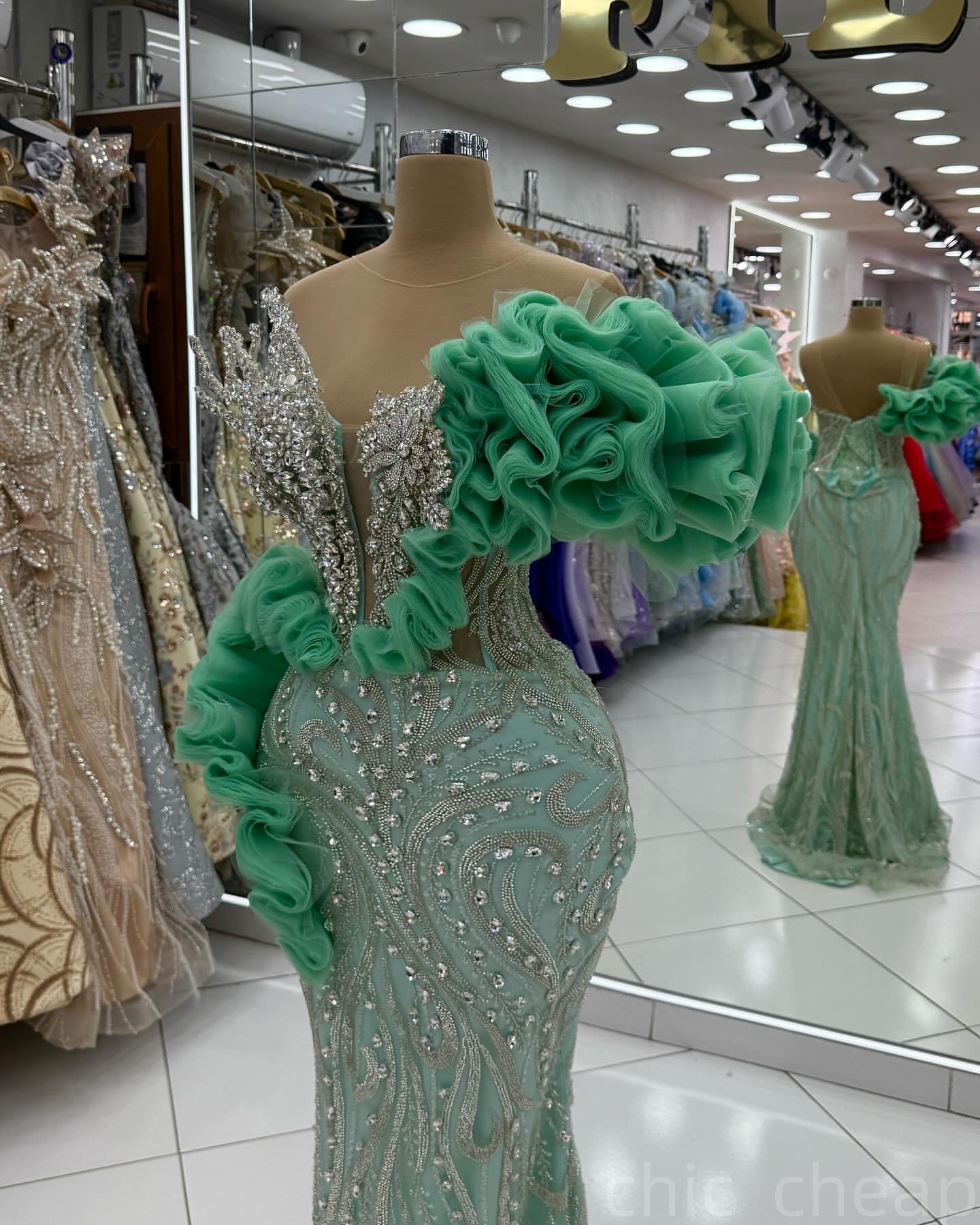 Green Mermaid Prom Dresses 2025 Rhinestones Ruffles Sequined Sparkly Evening Formal Party Second Birthday Engagement Gowns Plus Size Dress For Special