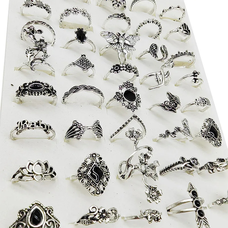50pcs/lot Bulk Mix n Bohemia Vintage Rings For Women Black Enamel Metal Fashion Charms Party Gift Flower Finger Jewelry 250624