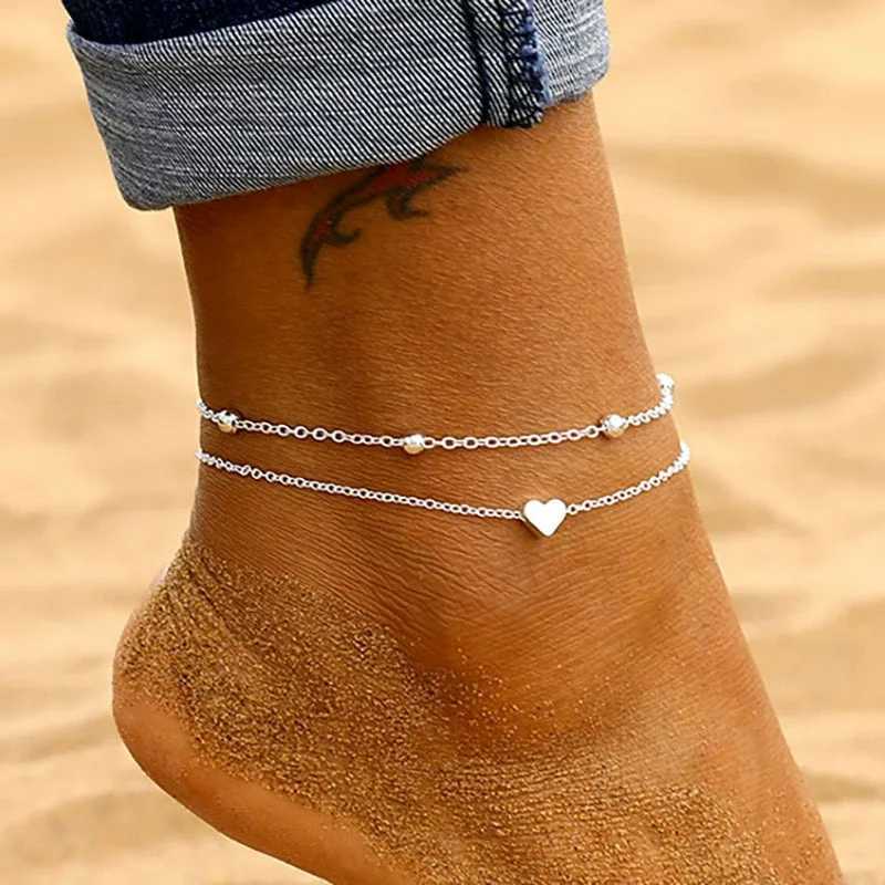Bohemian Summer Beach Layered Heart with Beads Anklet For Women Vintage Anklets On Foot Ankle Bracelets Girls Leg Chain V250624