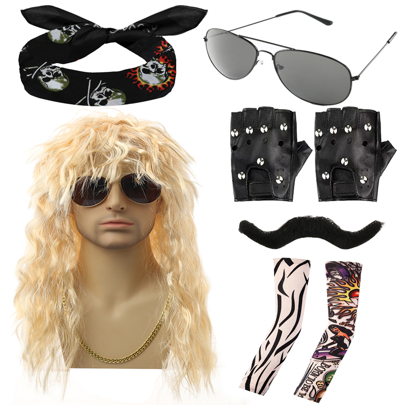 Punk Rock Heavy Metal Fashion Wigs Cool Glasses Bandanas Beards, Tattoo Sleeves, Long Curved Wigs for Holiday Shows Punk Gloves, Vintage Punk Themed E