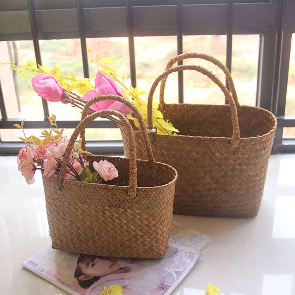 Seaweeds Woven Durable Laundry Basket Market Bag for Outing Picnic Clothes Storage