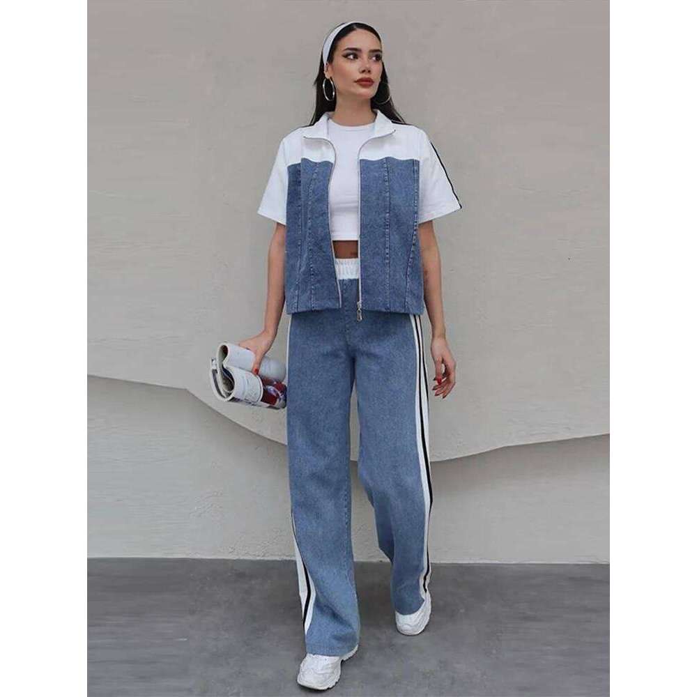 Women's Sporty Style Denim Pants Set White-Contrast Jacket Matching High Waist Side Stripes Jeans New Casual Streetwear