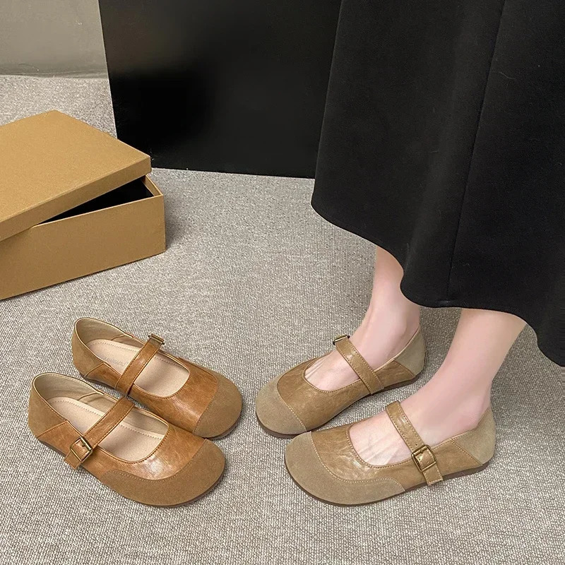Summer Soft Soled Mary Jane Single Shoes French Milk Camel Round Head Frosted Ballet Women Shoes 250624