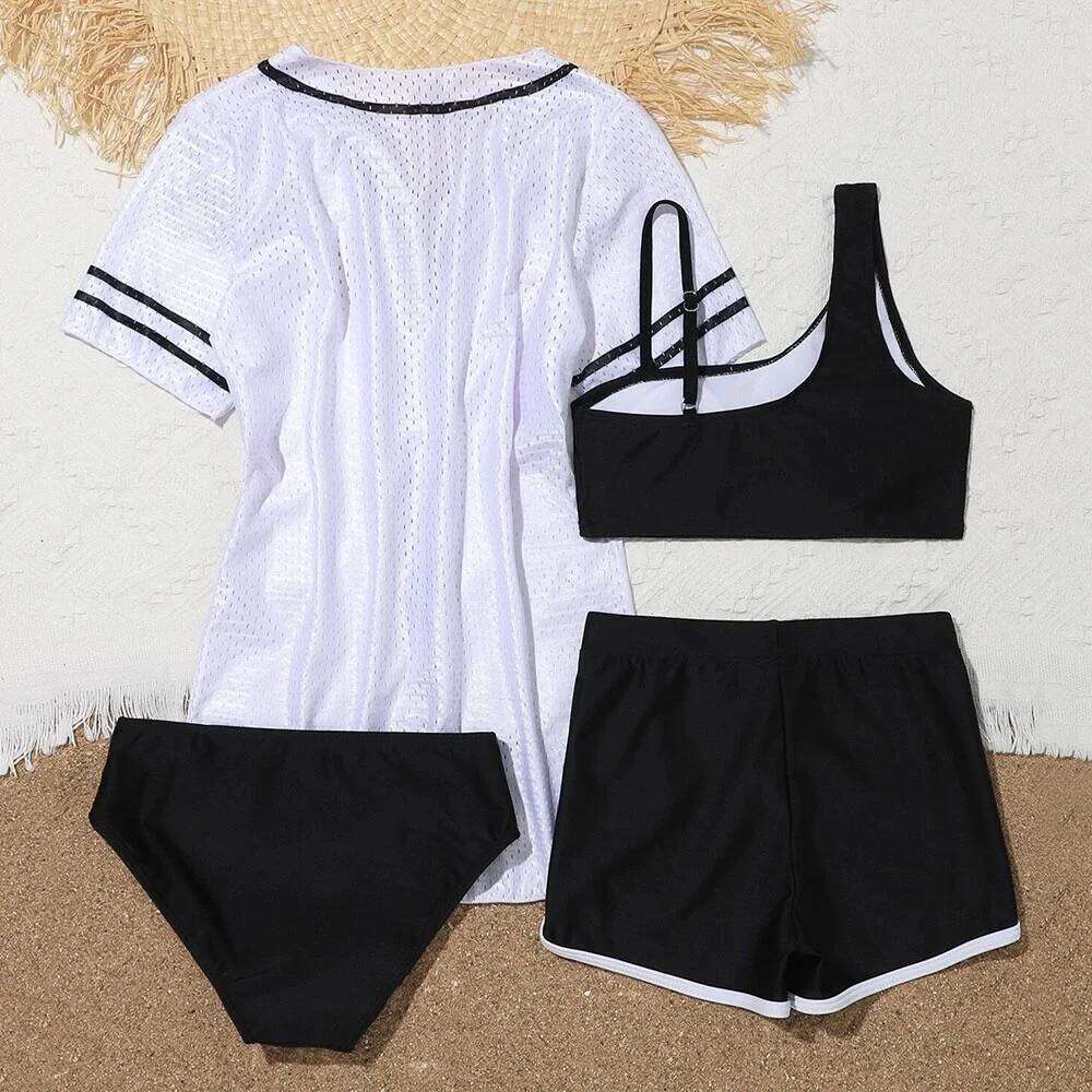 Girls 4pack Letter Print Bikini Sets with Shorts Mesh White Cover Ups Swimsuit 8-12 Years Children's Swimwear Sport Bathing Suit