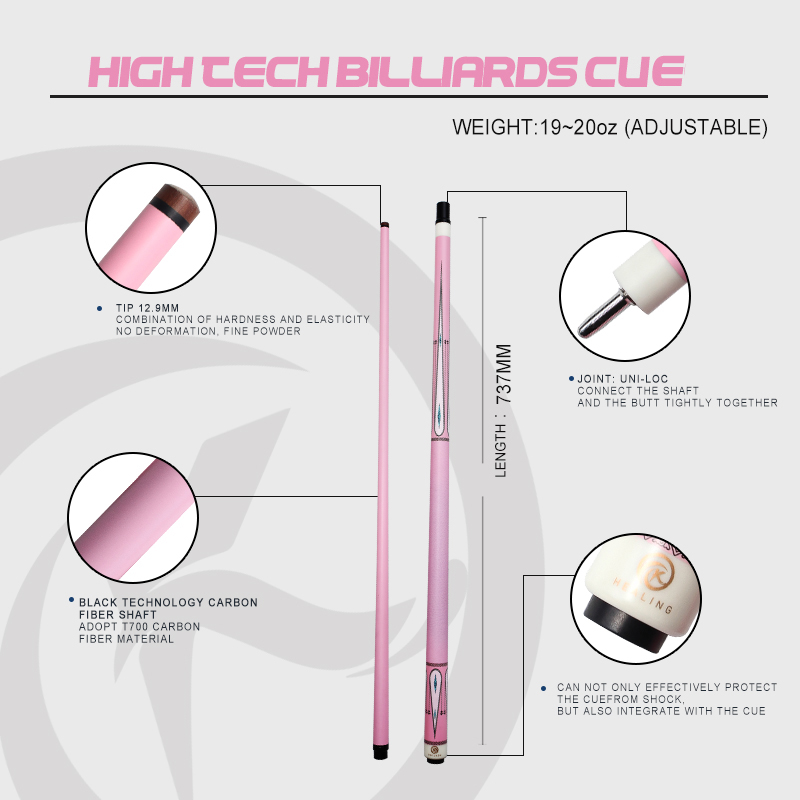 OKHEALING Pink Break Cue Stick Black Technology Carbon Fiber Pool Cue 12.9mm Bakelite Tip 147cm /58inch 19~20oz Weight Uni-loc Pin or 3 Teeth Joint Pi