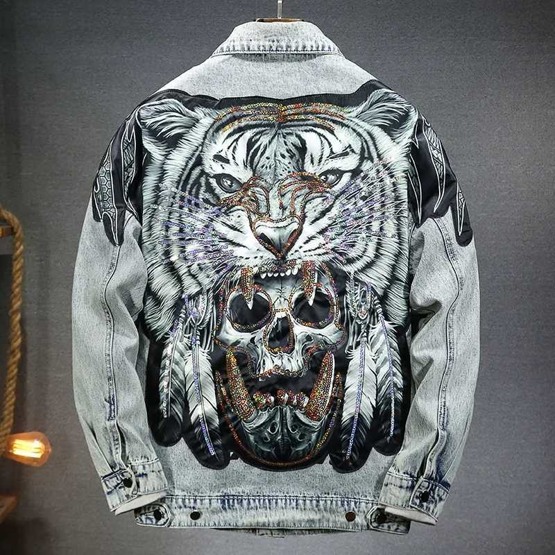 Mens Cyberpunk Denim Jacket Vintage Washed Tiger Skull Bone Harajuku Destroy Heavy Metal Streetwear Motorcycle Jeans Jacket Men z250624SAUM